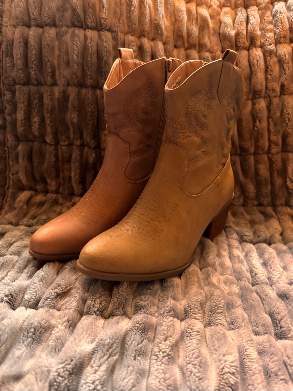 Global Win Tan Western Ankle Boots with Embroidered Detail